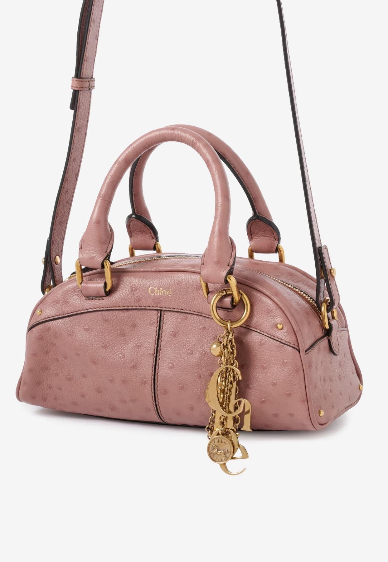 Petit Bowling Sac Porté Épaule en Ostrich-Effect en Cuir
